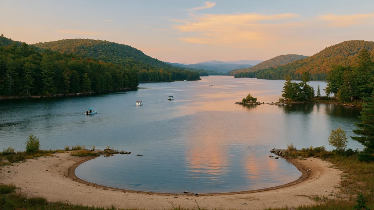 Sunset over Great Sacandaga Lake with boats idling on calm water
