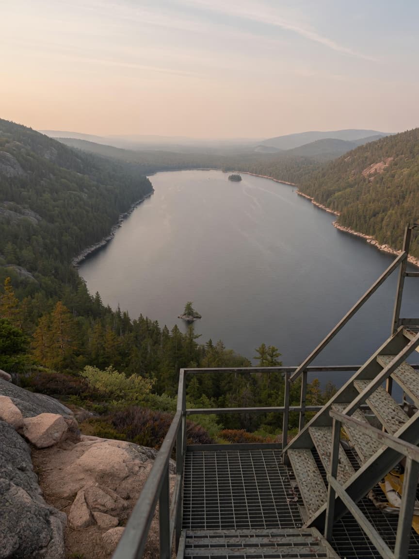 Looking down on the reservoir from a fire-tower stair on Hadley Mountain