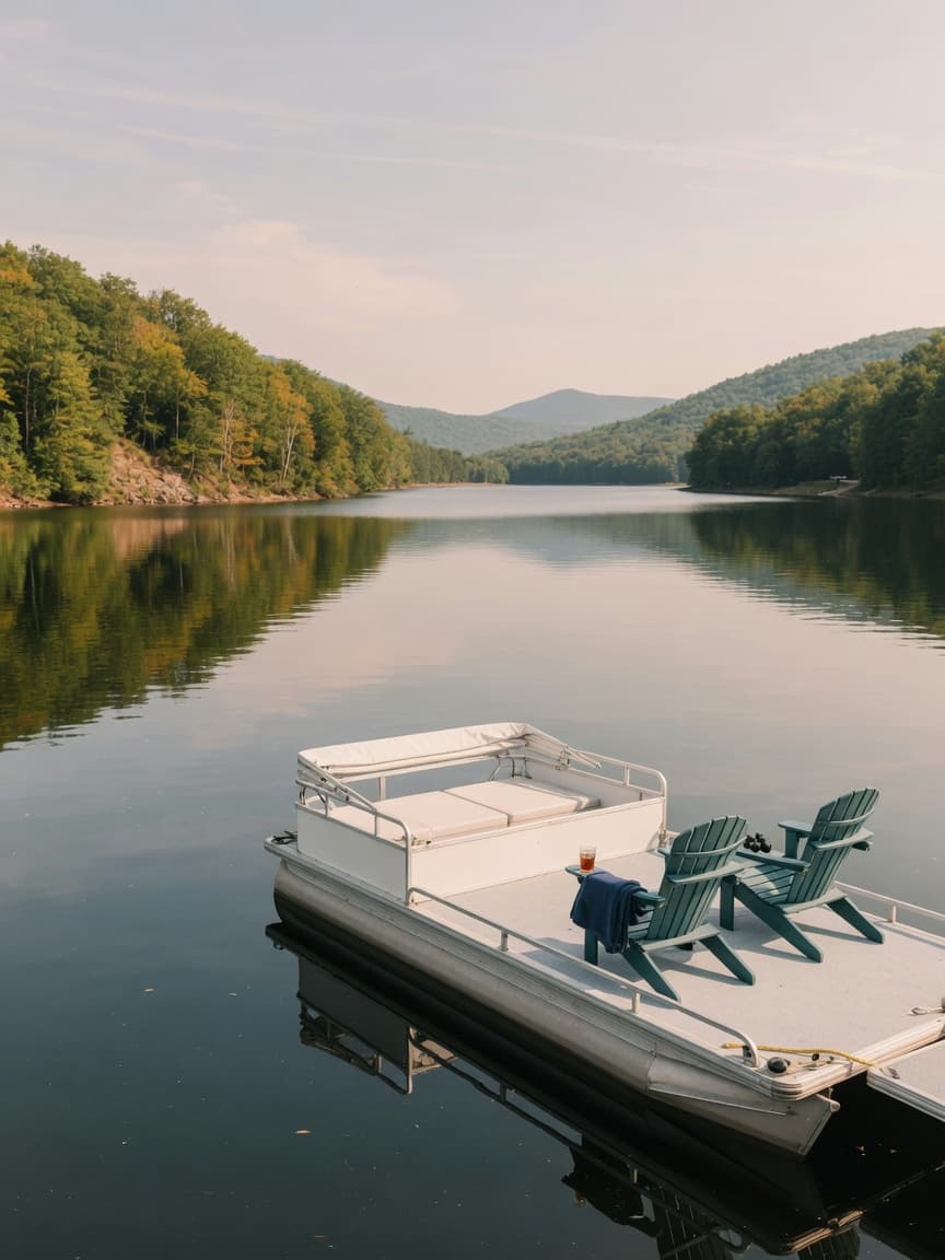 A pontoon boat resting on calm water on Great Sacandaga Lake